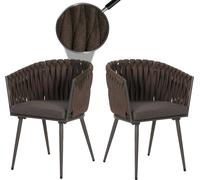 lot de 2 chaises de salle à manger en aluminium HWC-N38, chaise d'intérieur avec accoudoirs, corde tressée en oléfine ~ marron Coussin gris foncé