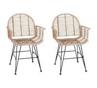 Lot de 2 chaises de salle à manger en rotin et fer naturel 57 x 55 x 85 cm | Dossier tissé à la main, accoudoirs incurvés, repose-pieds, pieds en fer noir, salon, cuisine