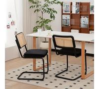 Lot de 2 chaises de salle à manger en rotin rembourrées modernes du milieu du siècle avec dossier en canne naturelle et base chromée en acier inoxydable pour salon et cuisine