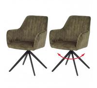Lot de 2 chaises de salle à manger HWC-L79, chaises de cuisine avec accoudoirs pivotants et mécanisme de retour automatique, velours 440 g/m² aspect daim, vert olive