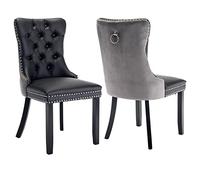Lot de 2 chaises de salle à manger rembourrées avec anneau arrière et pieds en bois massif, chaises de cuisine touffetées modernes, parfaites pour salle à manger, cuir synthétique noir, velours gris