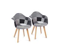 IDMarket Fauteuils SARA Lot de 2 – motifs patchworks noirs, gris et blancs