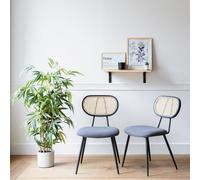 Happy Garden Chaise de Salle à Manger Vintage Elena en cannage et Tissu Boucle Gris, Pieds en métal Noir