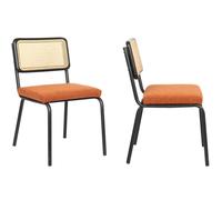 Lot de 2 chaises en métal et bois noir, cannage naturel et tissu bouclé rouille - Paula