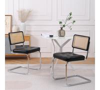 Lot de 2 chaises en rotin avec éléments rembourrés en similicuir, dossier en maille sans accoudoirs, pieds en métal chromé, Noir