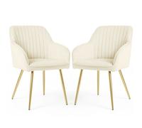 Lot de 2 Chaises en velours à surpiqûres FLORENCE Crème pieds dorés