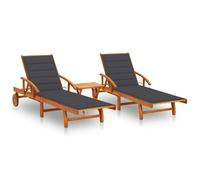 Lot de 2 Chaises Longues avec Table avec Coussins Transat Acacia Solide vidaXL