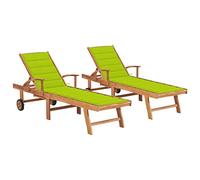 Lot de 2 chaises longues de jardin - Vert clair - Avec coussins - En teck massif - Dossier réglable - Facile à déplacer - Pour piscine, terrasse et espaces de vie en plein air