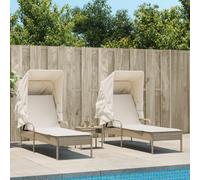 Chaises longues lot de 2 avec auvents et table beige poly rotin, lit de bronzage, chaise longue inclinable, lit de jour d'extérieur