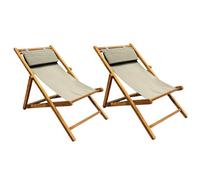 Lot de 2 chaises longues pliantes / Chiliennes / Transats de jardin en bois de teck massif huilé dossier réglable 3 niveaux avec toile vert sauge - Extérieur naturel patio terrasse balcon - ANCOLIE