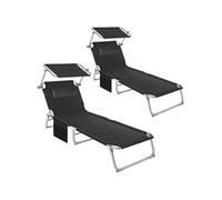 Lot de 2 chaises longues pliantes, dossier 4 positions, appui-tête amovible, polyester déperlant, acier noir, 68 x 190 cm