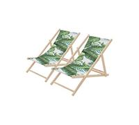 ECD Germany Lot de 2 Chaises Longues Pliantes en Bois Chiliennes, Motif Tropical, Vert-Blanc, Dossier Réglable, 3 Positions de Couchage, jusqu'à 120 kg, Bain de Soleil en Tissu, Plage ou Jardin