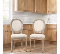 Lot de 2 chaises médaillon style Louis XVI en bois sculpté patiné aspect lin beige