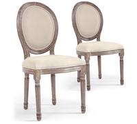 Menzzo Lot de 2 chaises médaillon Style Louis XVI - Tissu Beige Effet Lin, Bois patiné, Assise et Dossier rembourrés - chaises de Salle à Manger élégantes Vintage Chic, L49 × P46 × H96 cm