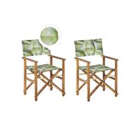 Lot de 2 Chaises Pliables Bois d'Acacia et Textile Gris/Motif Feuilles Trop