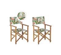 Lot de 2 Chaises Pliables Bois d'Acacia et Textile Gris/Motif Flamand Rose