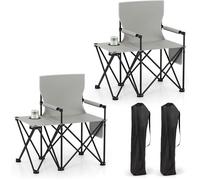 Lot de 2 Chaises Pliantes de Jardin Extérieur COSTWAY avec Table Latérale Poches de Rangement Porte-gobelet Sac de Transport Gris
