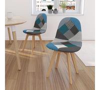 IDMarket - Lot de 2 chaises scandinaves SARA - motifs patchwork bleus - bois H. 80 cm