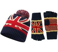 Lot de 2 chapeaux à pompon avec mitaines assorties Motif Union Jack, Navy, taille unique