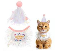 Lot de 2 chapeaux d'anniversaire pour chat, bandana, écharpe et chapeau de fête pour fille - Chapeaux d'anniversaire pour chat et bavoir en dentelle - Chapeaux de fête - Mini chien - Bavoir en maille