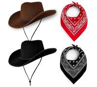 Lot de 2 chapeaux de cowboy unisexes en feutre - Accessoires de costume Texas Texan pour homme, femme, adulte - Fêtes costumées - Feutre durable (1 chapeau noir, 1 chapeau marron et bandanas)