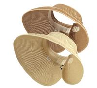 Lot de 2 chapeaux de paille pliables à large bord Naturel + beige, parfait pour les vacances d'été pour les femmes