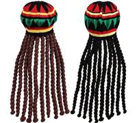 Lot de 2 chapeaux rasta jamaïcains traditionnels tricotés doux avec dreadlocks noirs et marron de 45 cm long, perruque colorée, confortable et élastique pour fête, cosplay, Halloween