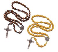 Lot de 2 chapelets en bois faits à la main pour homme et femme, chapelet avec médaille de Saint Benoît, croix de Jésus, crucifix, cadeau chrétien pour homme et garçon, bois, sans pierre précieuse