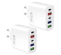 Lot de 2 Chargeur USB C Rapide 65W à 5 Ports, Prise USB Multiple avec 2 USB C PD & 3 USB A QC3.0, Adaptateur Secteur pour iPhone 17 16 15 14 13 12 11 Pro Max,Galaxy, Android and Smartphones