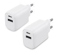 Lot de 2 Chargeurs doubles USB C et USB 30W Waytex, Rapide et Sécurisé pour iPhone, iPad, Samsung, Android, Prise secteur EU, Blanc