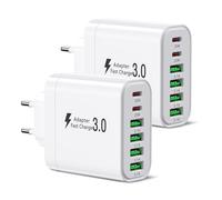 Lot de 2 chargeurs USB C, multi-ports, bloc de charge 52 W, 6 ports, chargeur rapide double PD, chargeur mural USB C de type C, adaptateur compatible avec iPhone 12/13/14/15/Samsung S24/S23/S22.