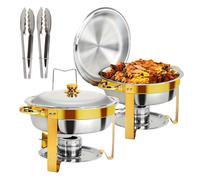Lot de 2 chauffe-plats ronds 4,5 l en acier inoxydable semi-doré avec couvercle amovible et support, récipient de maintien au chaud avec 2 pinces en acier inoxydable, pour traiteur, mariage, fête