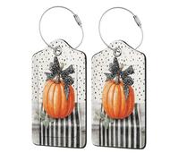 Lot de 2 chemins de table rayés noirs et blancs en forme de citrouille orange pour valise, étiquette de bagage en cuir avec rabat d'intimité, étiquette d'identification et boucle en métal pour homme