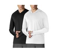 Lot de 2 chemises à capuche à manches longues pour homme UPF 50+ Protection solaire Rashguard pour la pêche, l'extérieur, la course à pied, séchage rapide, blanc/noir, X-Large