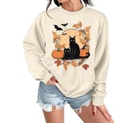 Lot de 2 chemises effrayantes à manches longues pour Halloween, motif chat noir, citrouille, lune, chauve-souris, feuilles d'érable, pour femme, beige, M