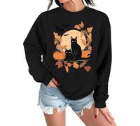 Lot de 2 chemises effrayantes à manches longues pour Halloween, motif chat noir, citrouille, lune, chauve-souris, feuilles d'érable, pour femme, Noir , XXL
