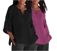 Lot de 2 Chemises en Coton Et Lin Col V pour Femmes Chemisiers Et Blouses Femme Chic Et Élégant Manches 3/4 Chemisier Femmes Été Ample Tunique Couleur Uni Haut Tops Chemise Lin Pas Cher Soldes