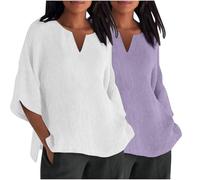Lot de 2 Chemises en Coton Et Lin Col V pour Femmes Chemisiers Et Blouses Femme Chic Et Élégant Manches 3/4 Chemisier Femmes Été Ample Tunique Couleur Uni Haut Tops Chemise Lin Pas Cher Soldes