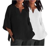 Lot de 2 Chemises en Coton Et Lin Col V pour Femmes Chemisiers Et Blouses Femme Chic Et Élégant Manches 3/4 Chemisier Femmes Été Ample Tunique Couleur Uni Haut Tops Chemise Lin Pas Cher Soldes
