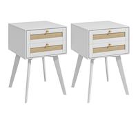 Lot De 2 Chevets Tables De Nuit Style Bohème Chic - 2 Tiroirs - Mdf Blanc Cannage En Rotin Blanc