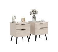 Lot de 2 chevets tables de nuit style nordique - 2 tiroirs - piètement effilé bois noir aspect chêne clair