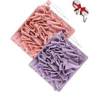 Lot de 2 chiffons en luffa 2 en 1 - Gant de toilette exfoliant avec cordon de serrage, éponge de bain en maille double face pour gel douche et peau lisse (rose violet)