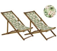 Lot de 2 Chiliennes Pliantes Acacia Clair Motif Feuilles et Fleurs Anzio