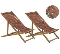 Lot de 2 Chiliennes Pliantes Acacia Clair Motif Feuilles Rouges Anzio