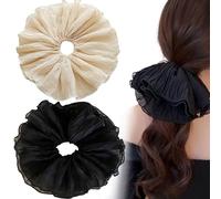 Lot de 2 chouchous surdimensionnés en maille pour femme - Noir ou blanc - Pour un look tendance - Élastiques pour queue de cheval - Grand élastique en mousseline de soie avec volume supplémentaire
