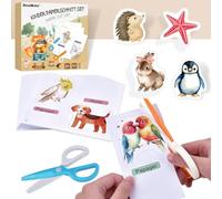 Lot de 2 ciseaux de sécurité pour enfants + 48 feuilles de papier avec 2 animaux chacune, kit d'activités de découpe de papier, pour maternelle, crèche, bricolage, jouet éducatif