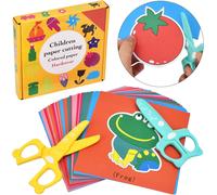 Lot de 2 ciseaux de sécurité pour enfants + 48 feuilles de papier-Kit d'activités de découpe de papier amusant-Pour la maternelle,la crèche,la crèche,le bricolage,les jouets éducatifs
