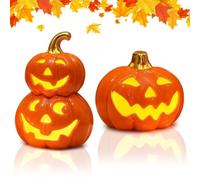 Lot de 2 citrouilles décoratives d'automne en céramique avec LED | Décoration d'automne - Lanterne citrouille avec visage - Décoration d'automne - Pour Halloween, Thanksgiving