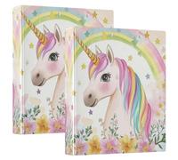 Lot de 2 classeurs à 3,8 cm - Licornes et fleurs arc-en-ciel - Avec pochettes - 200 feuilles