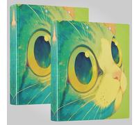 Lot de 2 classeurs à 3 anneaux 1/2 pouces Motif chat avec grands yeux Jaune/vert/bleu avec pochettes intérieures